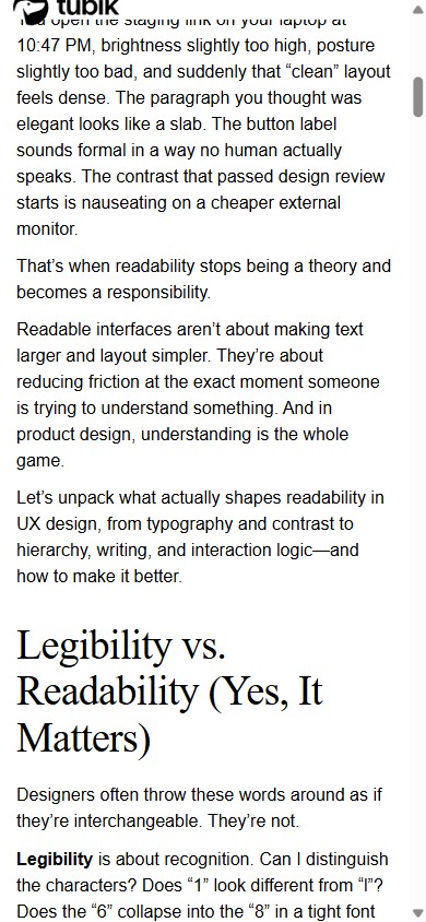 Tubik Studio article on mobile: a single narrow column of sans body text at about 43 characters per line with a large serif section heading, Legibility versus Readability.