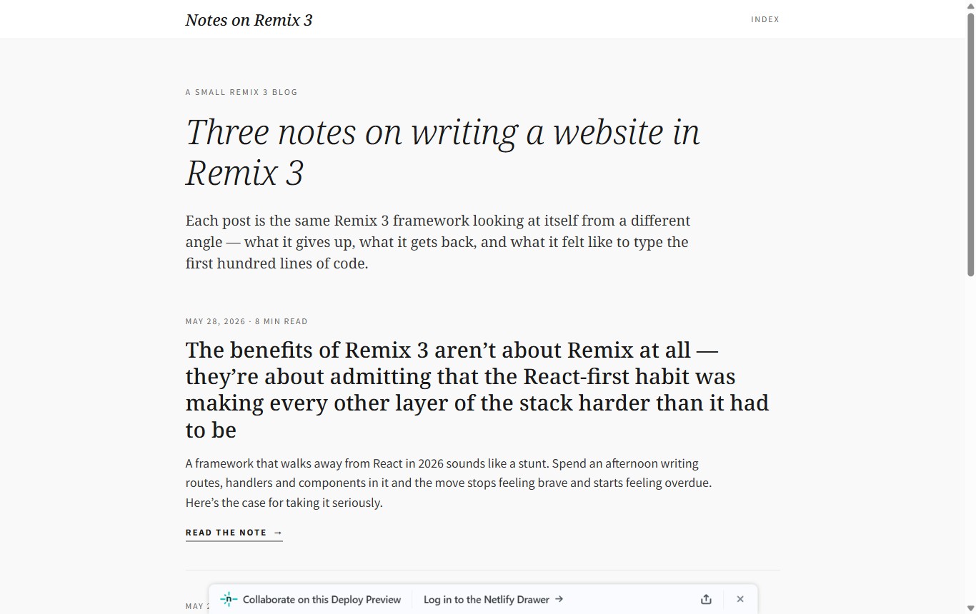 Desktop screenshot of the Notes on Remix 3 typographic essay
