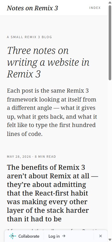 Mobile screenshot of Notes on Remix 3 showing the same italic serif headline and 18px body text wrapping to a narrow measure.