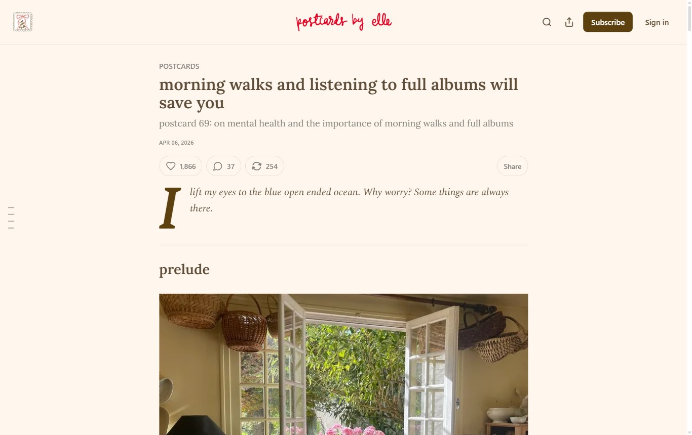 Desktop screenshot of the Postcards by Elle Substack essay