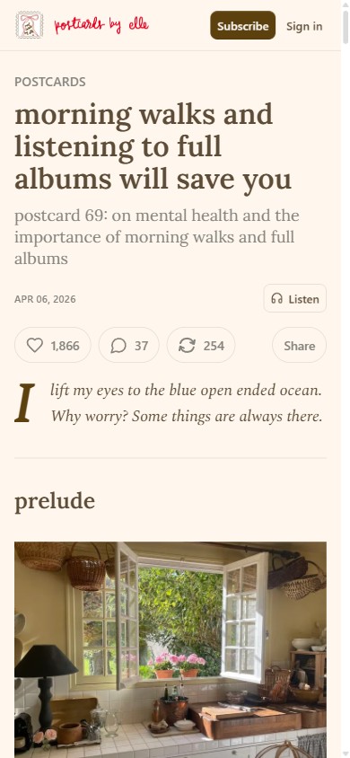 Postcards by Elle article on mobile: compact centered logo, sticky Subscribe, stacked title, Listen pill in the meta row, wrapped engagement pills, and an edge-to-edge rounded photo.