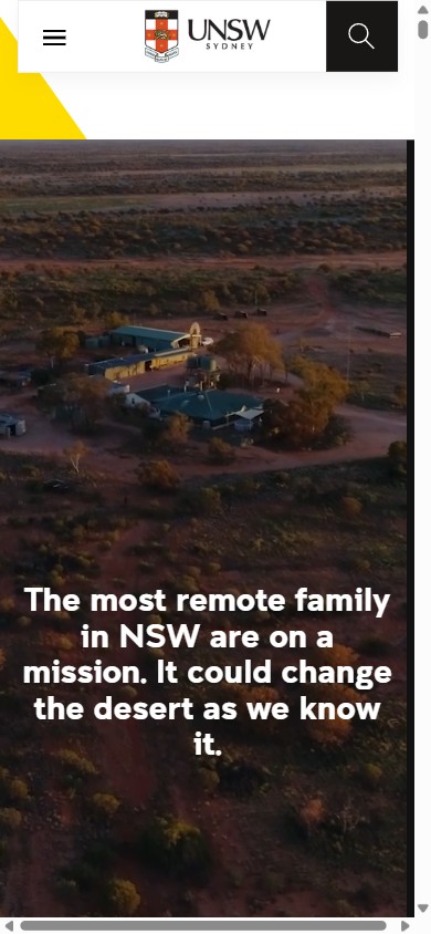 Mobile screenshot of the same UNSW Newsroom feature: hamburger menu, centred crest, search square, and the desert photo with a smaller centred white headline.
