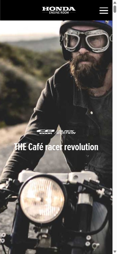 Honda Engine Room mobile hero: centred logo, hamburger menu, and the full-bleed rider photo with a smaller white condensed headline.