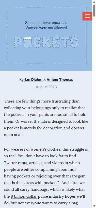 The Pudding pockets essay on a phone: the dashed POCKETS hero shrinks into a tighter frame above a full-width serif reading column on the pale blue field.