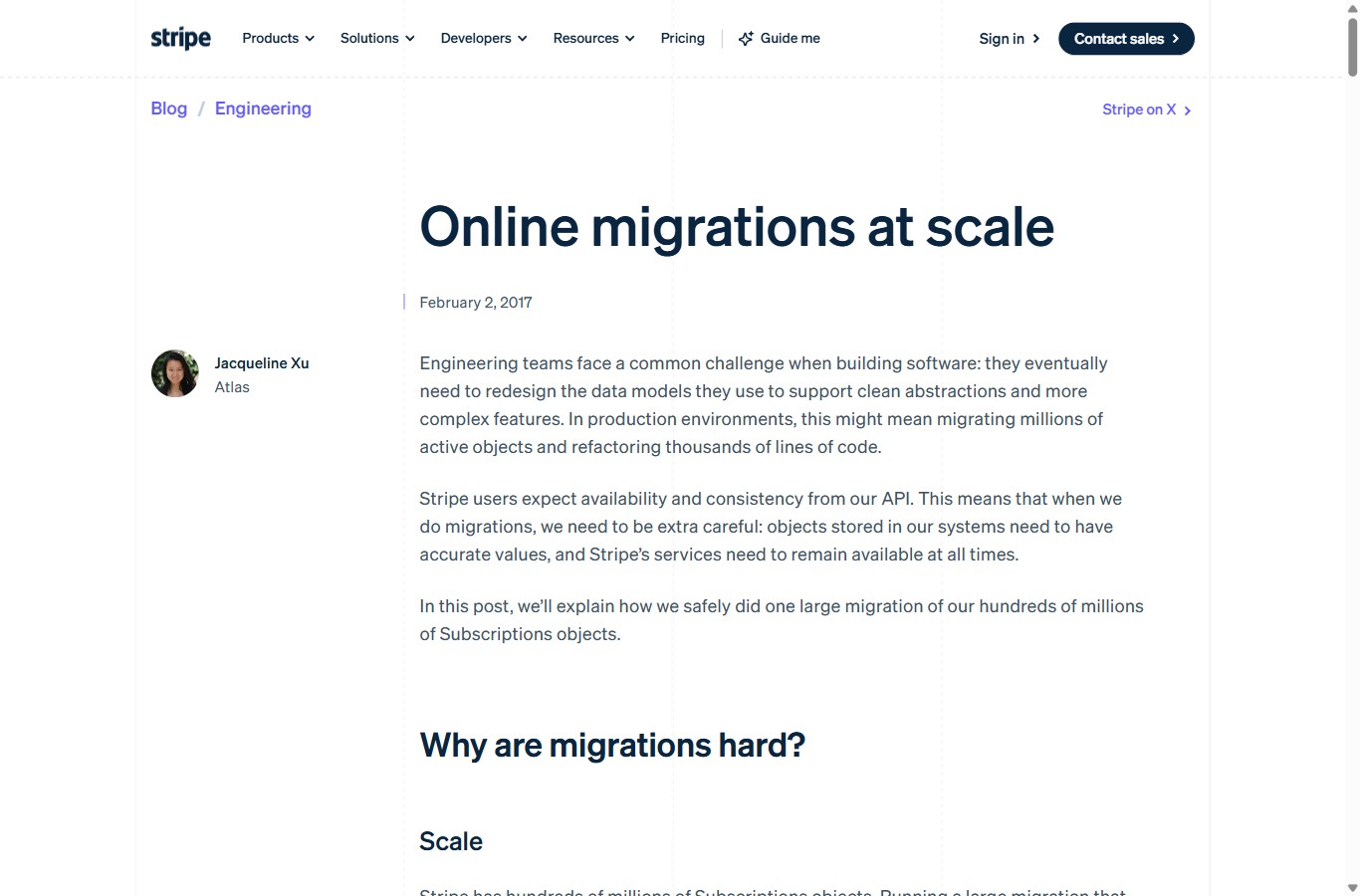 Desktop screenshot of a Stripe engineering blog post
