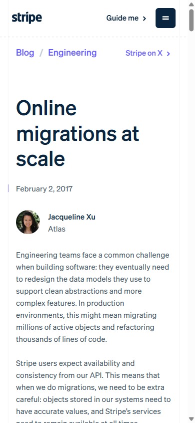 Screenshot of the same Stripe Engineering post on a phone: the headline wraps to three lines, the author rail has folded into a compact byline, and the body type has stepped down to 15px.